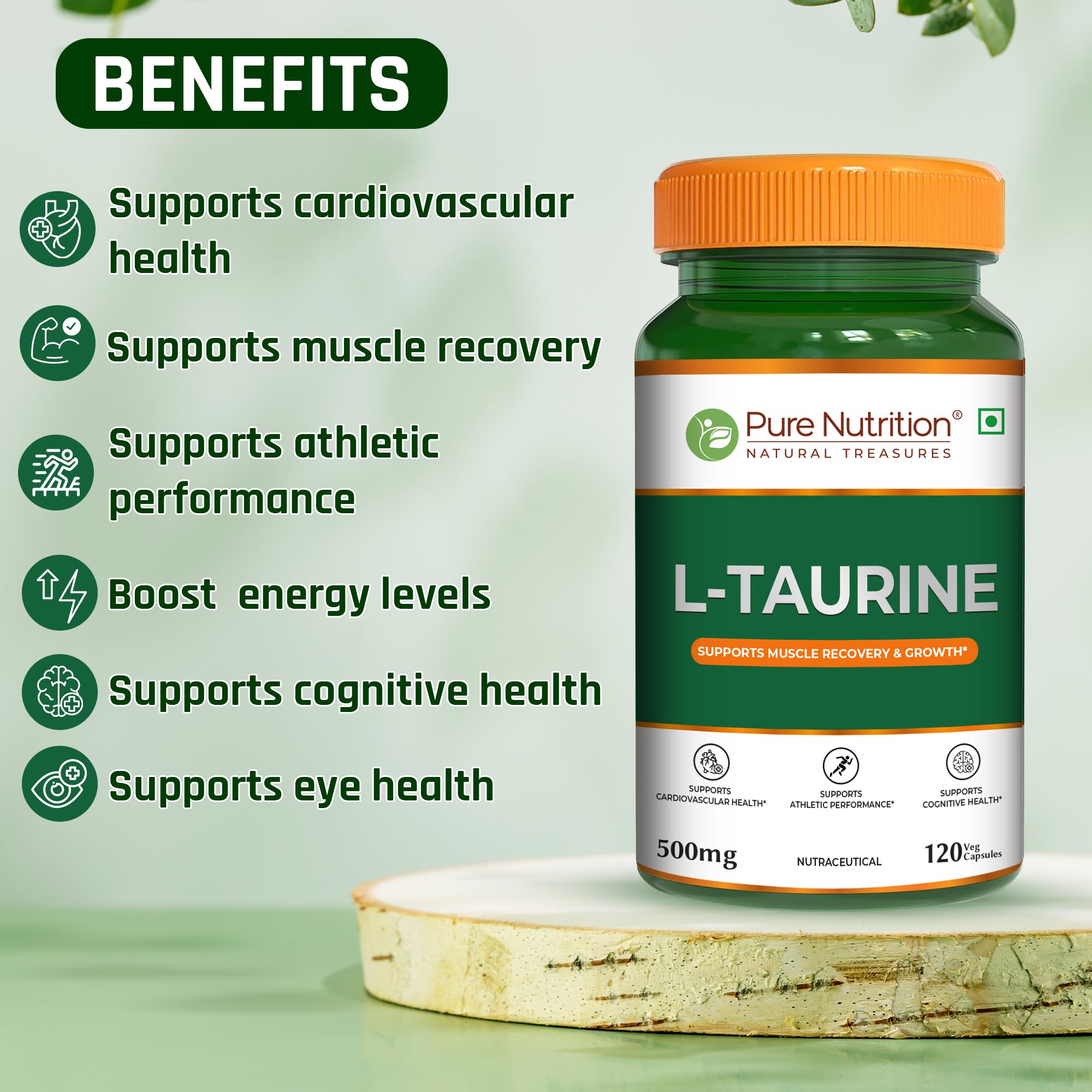 Pure Nutrition L-Taurine 500mg β 120 Veg Capsules | Amino Acid Supplement for Athletic Performance, Muscle Recovery, Cognitive & Heart Health 1