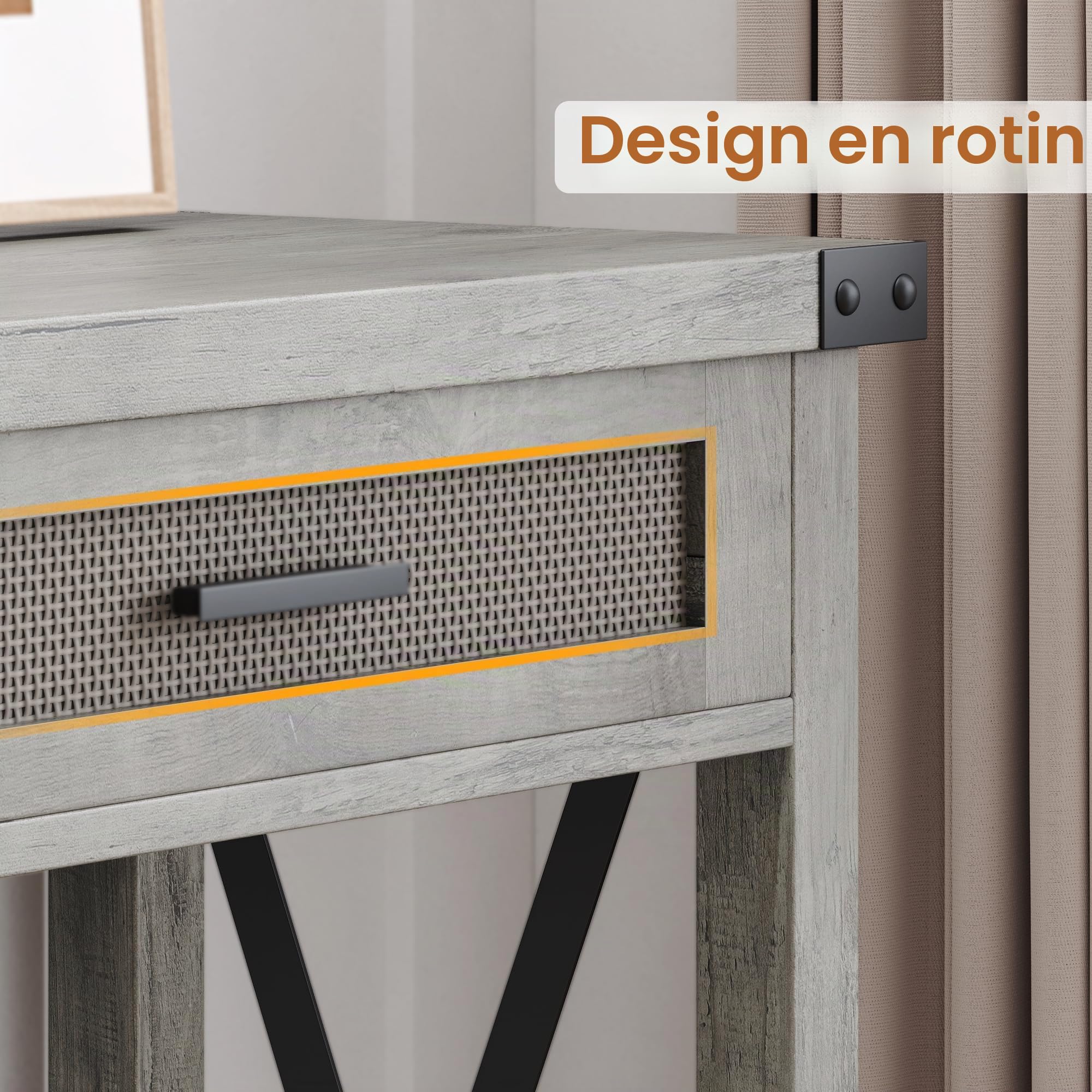 Table Console, Console Meuble Entree avec 2 Tiroir 110X 30x78CM,Table d'entrée en Rotin avec Forme de X sur Les Côtés pour l'entrée, Le Salon, Le Couloir (Gris)