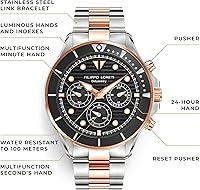 Vista 6 de FILIPPO LORETI Odyssey - Reloj de pulsera multifunción de dos tonos, oro rosa, esfera negra, pulsera de eslabones de acero inoxidable de 1.654 in