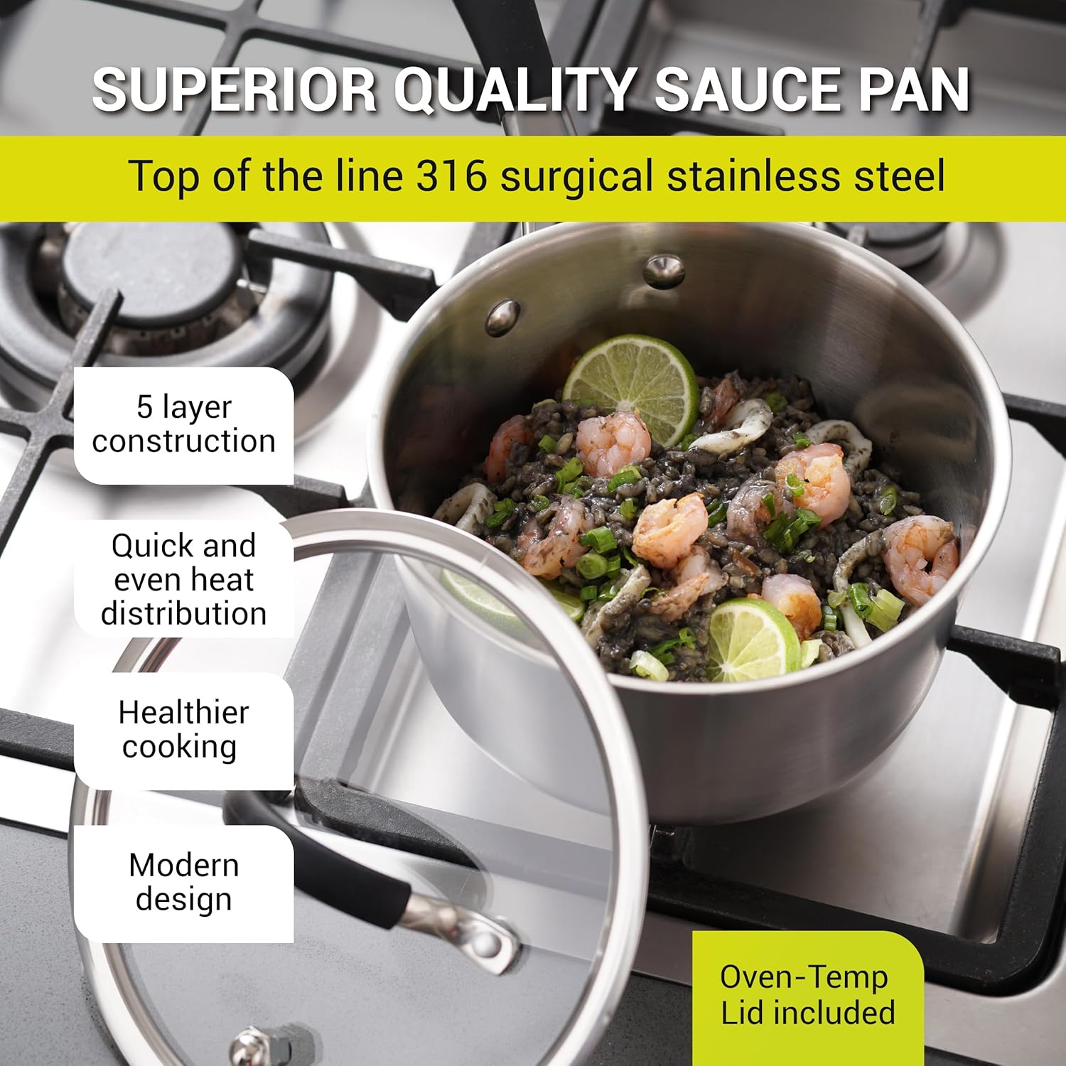 Universal UHL 2.5 Quart Soup Pot, 5-Ply Surgical Stainless Steel, All Stoves Compatible, Oven Safe and Bright Finish