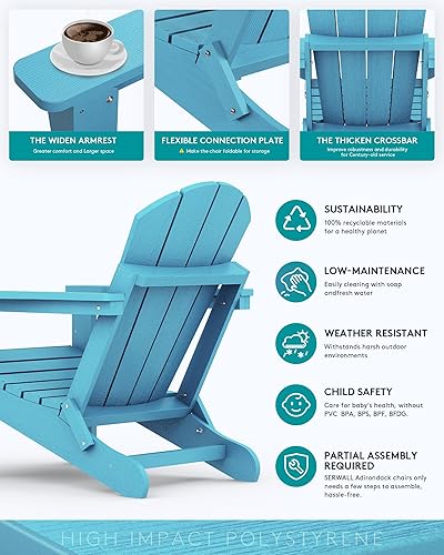 Miniatura 6 de SERWALL Silla Adirondack plegable resistente a la intemperie, sillas de patio al aire libre, sillas Adirondack pintadas, juego de 2, color azul Aruba