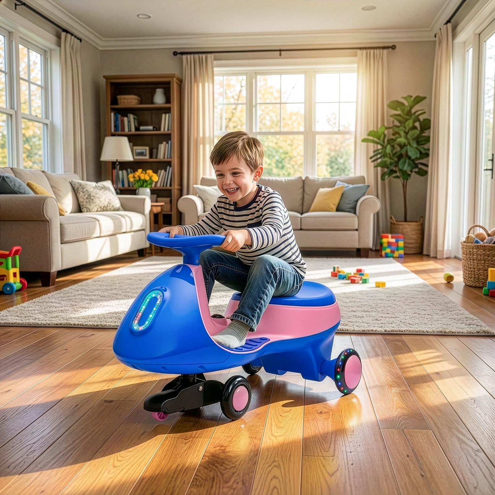 LALAHO Auto elettrica per bambini, 12 V, con pedale, auto elettrica a 2 velocità, protezione antiribaltamento, Bluetooth, per bambini dai 3 anni in su (blu e rosa)