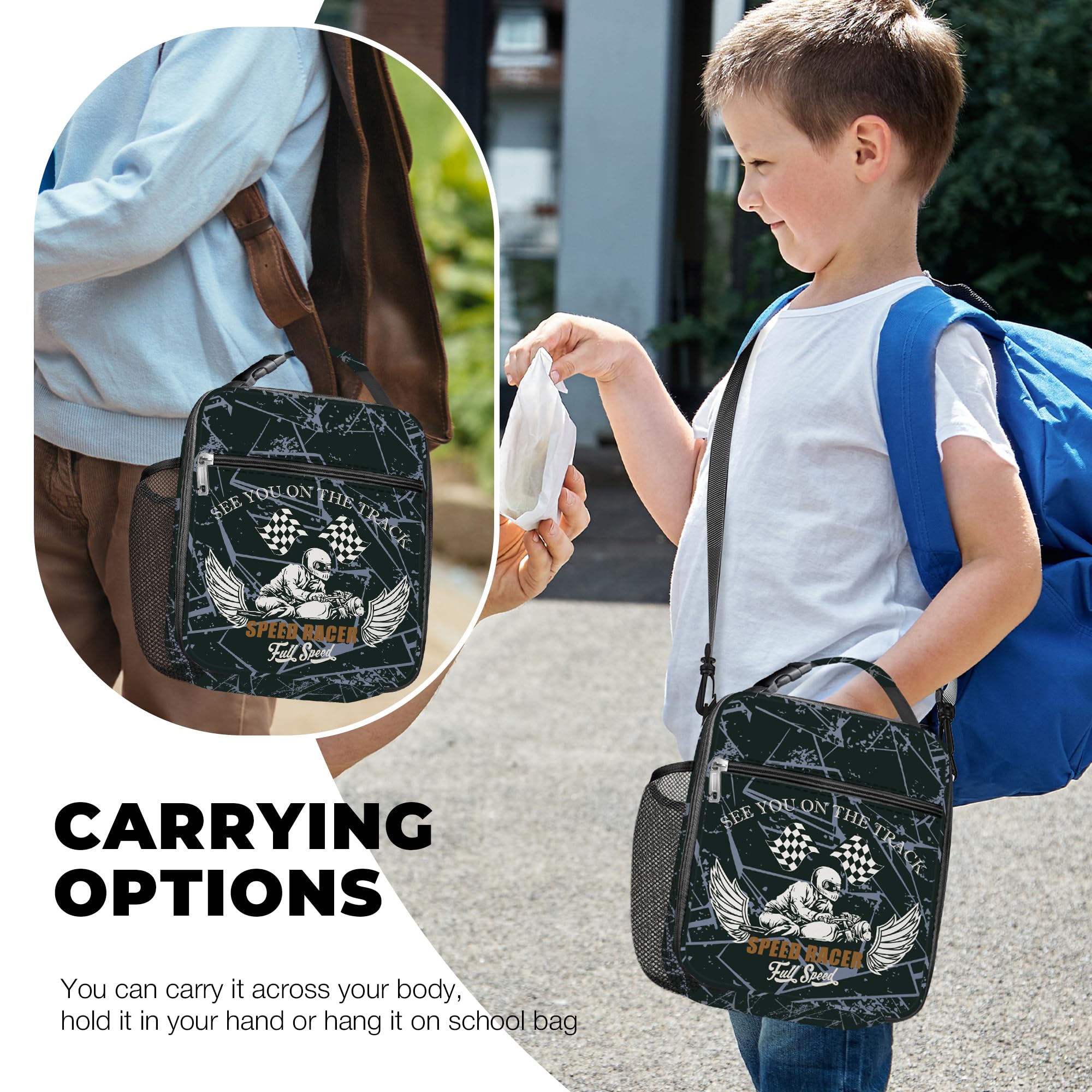 Clastyle Hero Insulated Kids Lunch Bag Large Thermal Cooler Bag for Boy Picnic School Lunch Box Tote,Racer Flag
