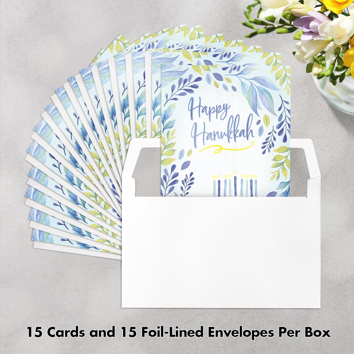 Designer Greetings, To Life! Boxed Hanukkah Cards, “Happy Hanukkah” Blue Menorah Design (Box of 15 Cards and Foil-Lined Envelopes)