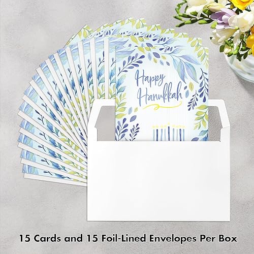 Miniatura 7 de Designer Greetings, To Life! Tarjetas de Hanukkah en caja, diseño de menorá azul "Happy Hanukkah" (caja de 15 tarjetas y sobres forrados con papel