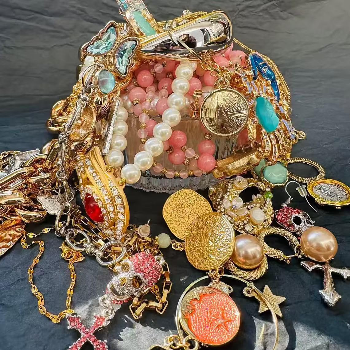 Mystery Jewelry Jar Bundle, boîte à bijoux vintage, boîte surprise pour femme, bagues de style hippie, bohème, collier, bracelet, boucles d'oreilles, pince à cheveux