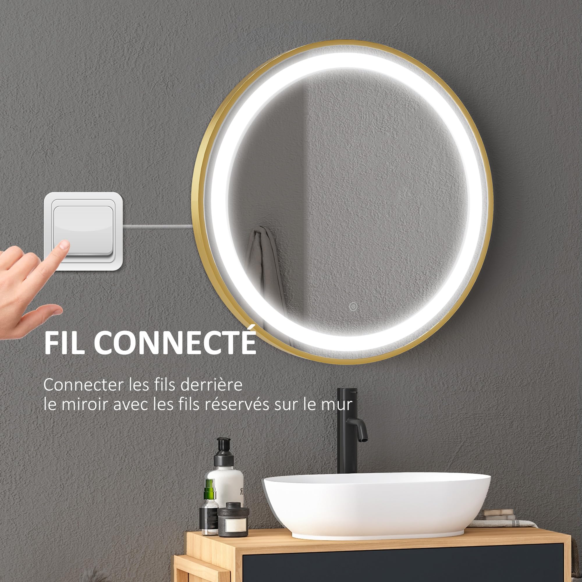 Miroir Mural De Salle De Bain éclairé Kleankin 70 Cm Avec 3 Couleurs De Lumière, IP44, Interrupteur Tactile, Antibuée Pour Salle De Bain Moderne | Leroy Merlin