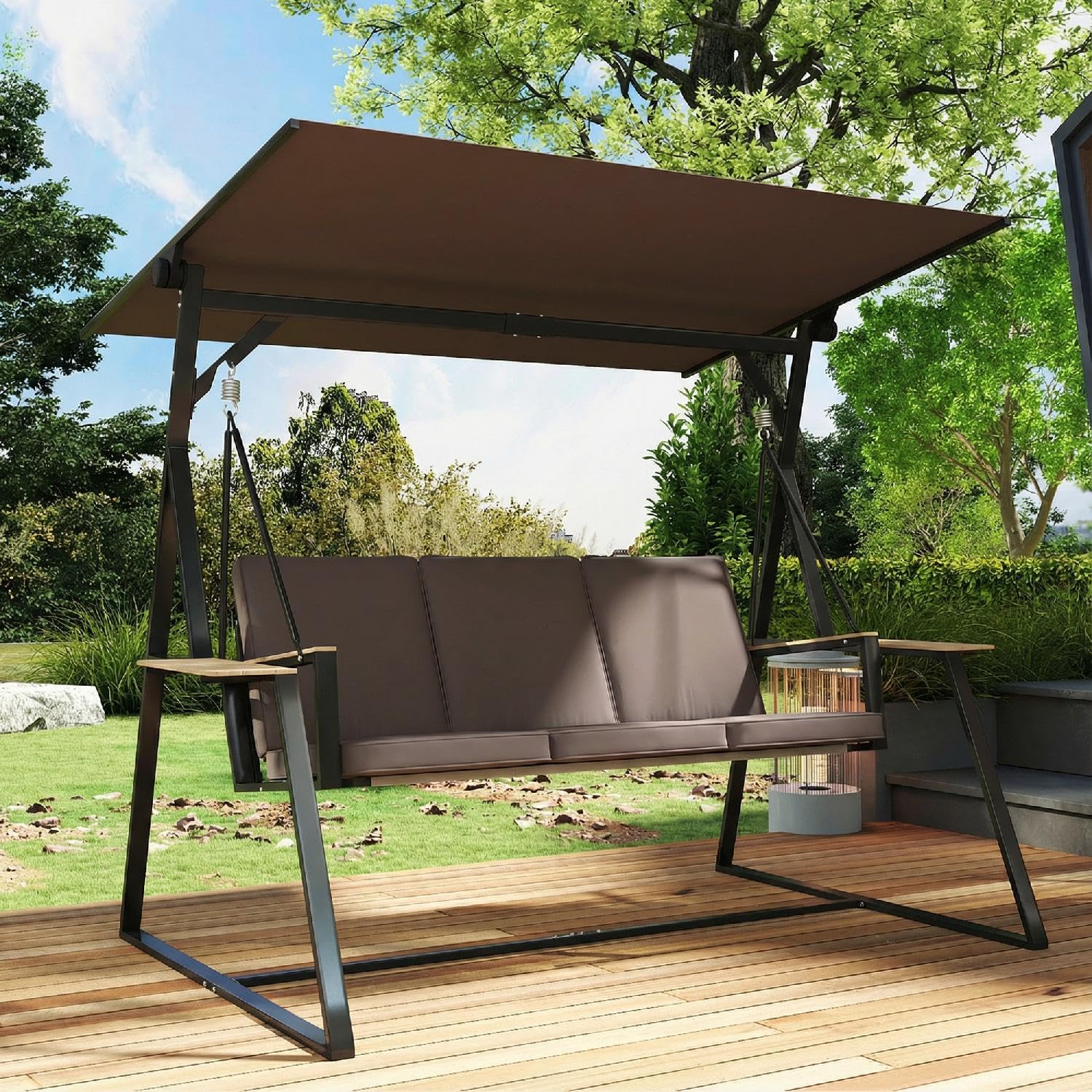Dondolo da Giardino 3 Posti con Tettuccio Regolabile e Porta Bicchieri in Metallo Dimensioni 222x131x175 cm, Marrone