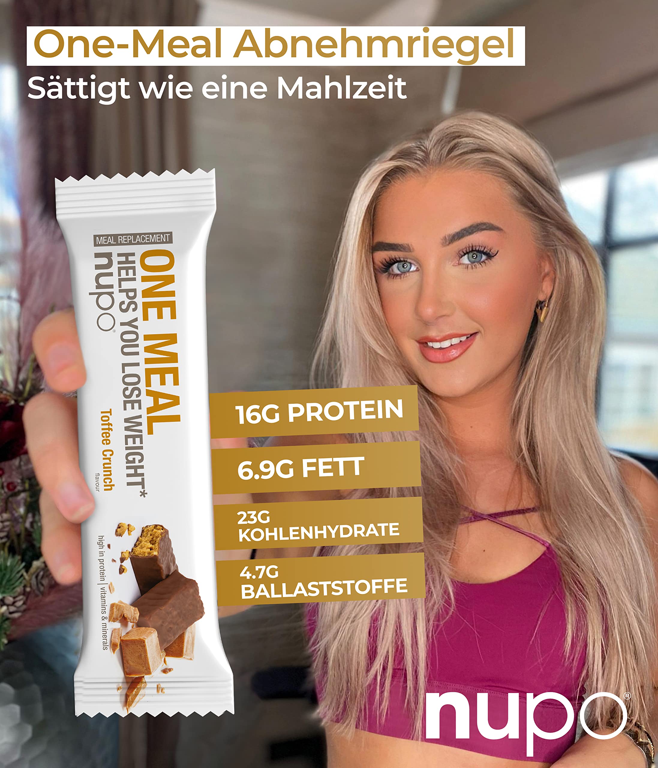 NUPO® One Meal Bar [Toffee Crunch - 24 Stk.] - Mit Nährstoffen, Vitamine & Mineralien - Diät Riegel Snack zum abnehmen - Fitness low carb Riegel - Mahlzeitenersatz Riegel - Diet Riegel - Energieriegel