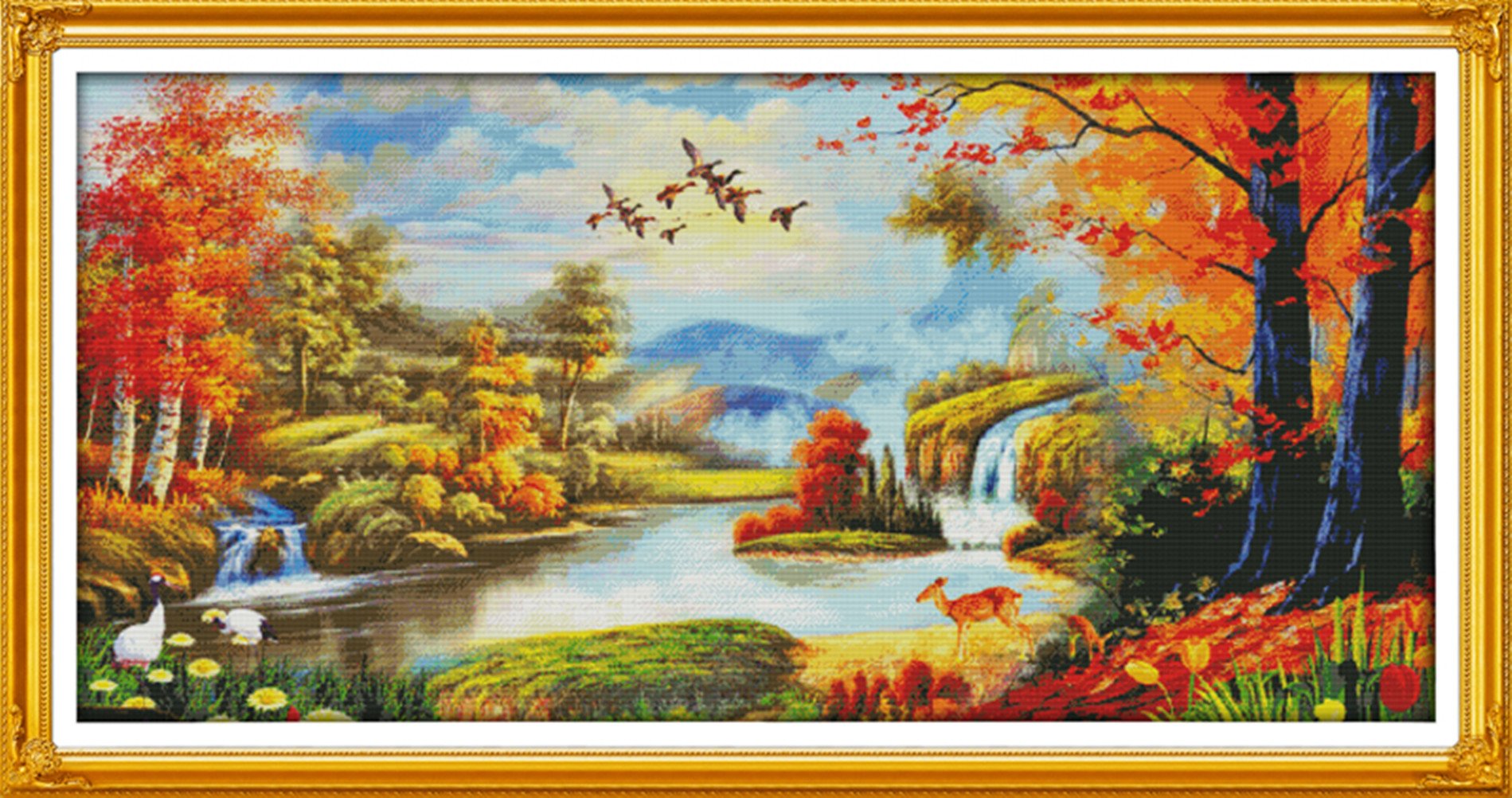 YEESAM ART Nowy ścieg krzyżykowy zestaw do haftowania - skarb misa krajobraz jeleń 14 CT 128 x 65 cm DIY zestaw do haftu biały płótno żaglowe - szycie krzyżykowe ręczne Boże Narodzenie prezenty Cross Stitch Kit