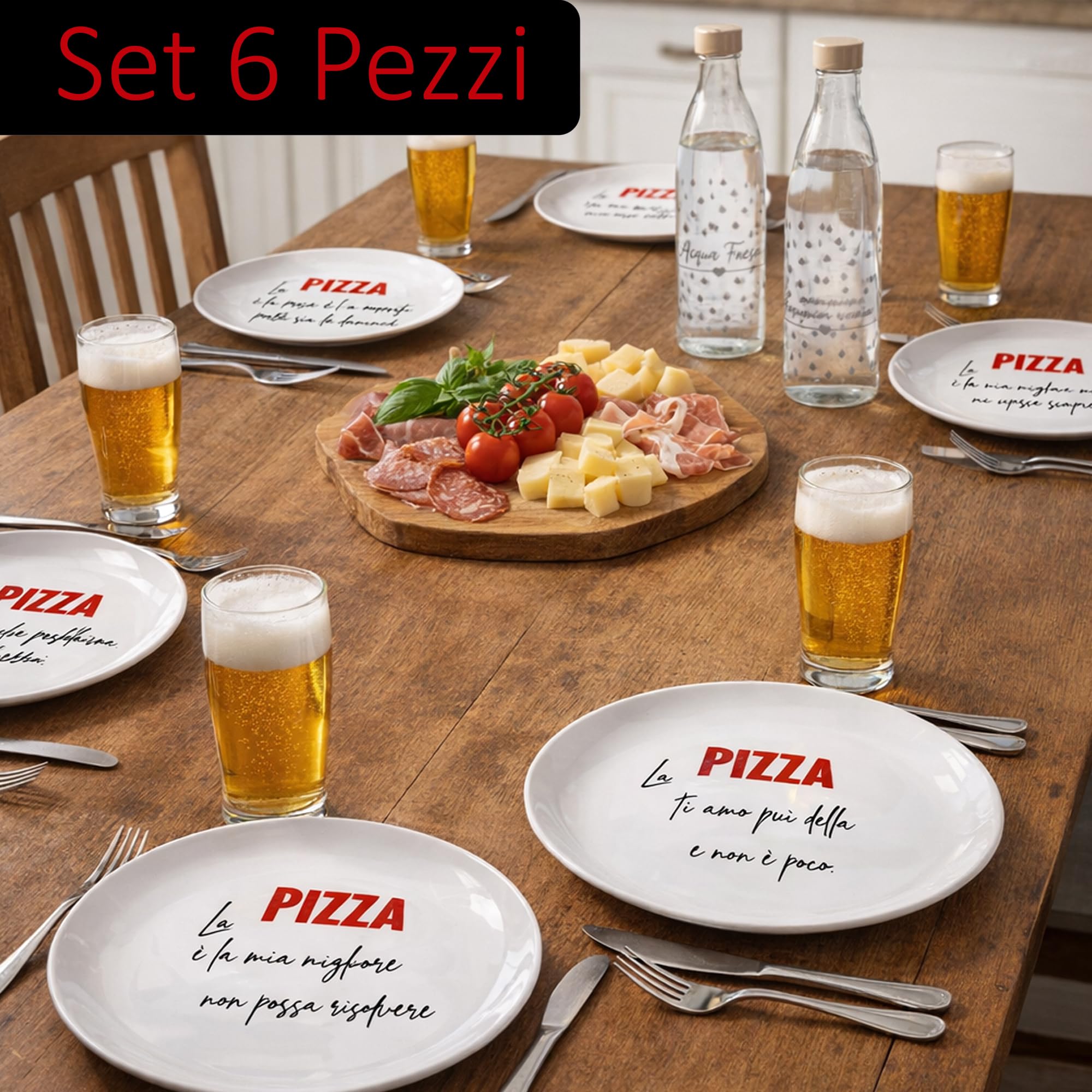Home Tresor Set 6 Piatti per Pizza Grandi in Porcellana Decorati con Scritte, Piatti Portapizza Rotondi 31 cm Resistenti e Adatti a Microonde e Lavastoviglie Mod. PIZZA Mood