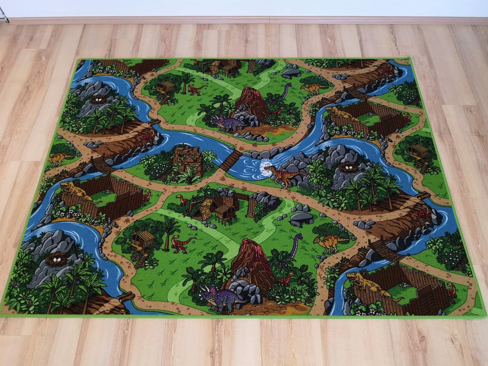 Kinderteppich Dino grün bunt Spielteppich Dinosaurier (120 x 180 cm)