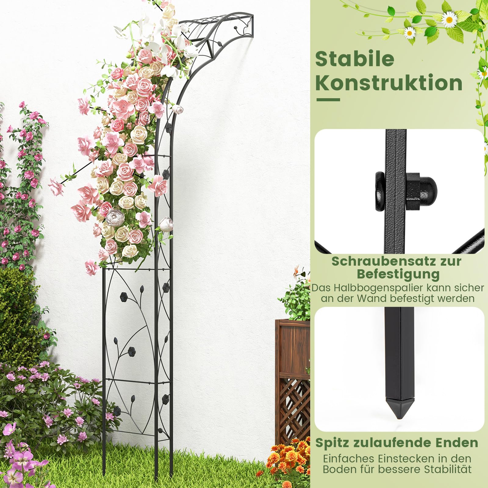 COSTWAY Rosenbogen halbrund, Gartenbogen Metall für Kletterpflanzen, 2 Halbbögen Garten, Torbogen Rosengitter Rankhilfe, Rankgitter Rosenspalier, für Veranda Hochzeit Partys, 150x40,5x251,5cm, Schwarz