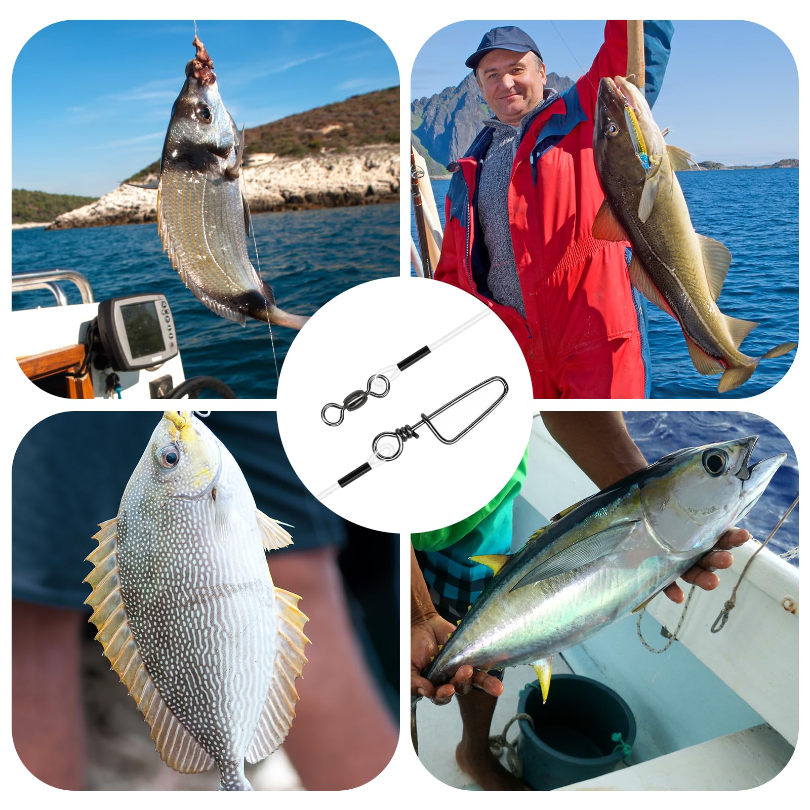 12 anzuelos de acero para pesca de lucio, de fluorocarbono, con remolino y mosquetón, accesorios de pesca para pesca de spinning, anzuelos de pesca para agua salada y agua dulce