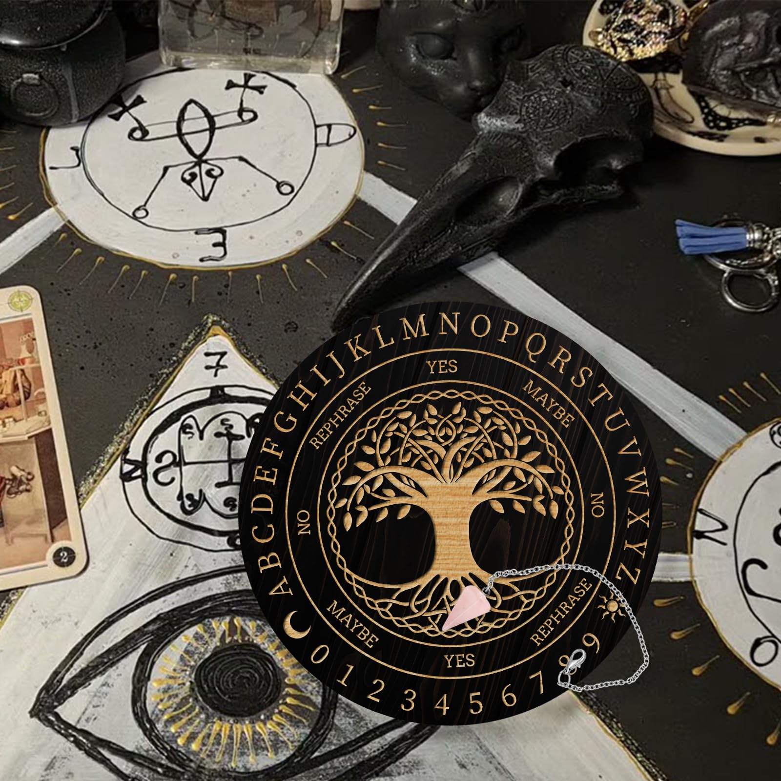 AHANDMAKER Set di Tavole a Pendolo Tavola di Divinazione di Radiestesia Tavola di Messaggio Metafisica con Collana a Pendolo in Cristallo per Forniture di Altare di Stregoneria, Albero della Vita