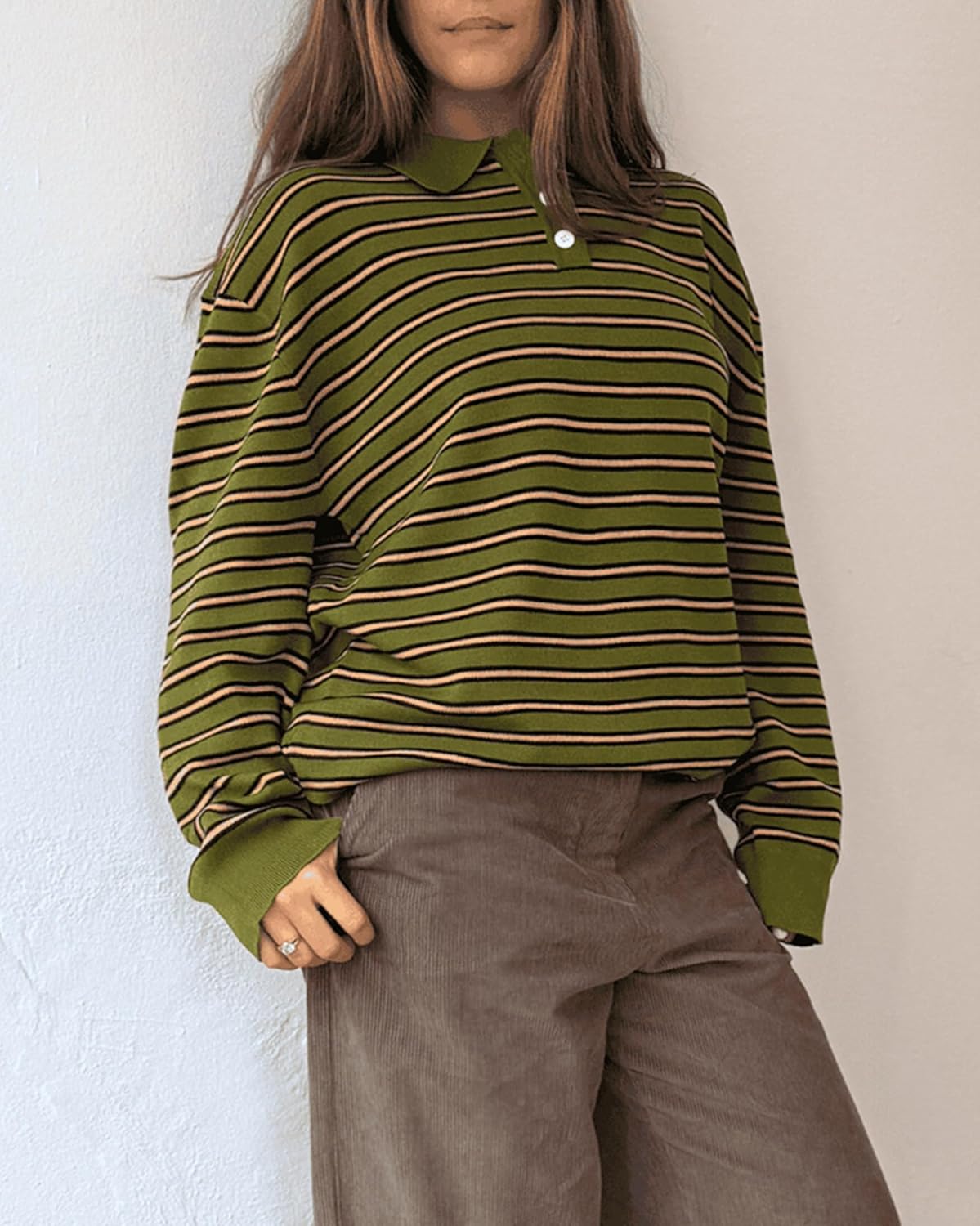 Oversized Striped Sweater for Women Collared Long Sleeve Preppy Polo Sweater Vintage Aesthetic Knitted Rugby Shirts - Image 2