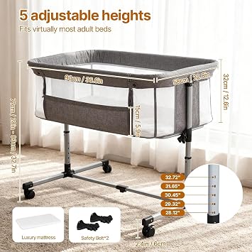 Baby Bassinet, 2-in-1 Baby Bassinet Bedside Crib | Bedside Bassinet for Baby with Mattress, Storage Basket, Full-Mesh Sides, 5 Height Adjustable Bedside Sleeper for Newborn