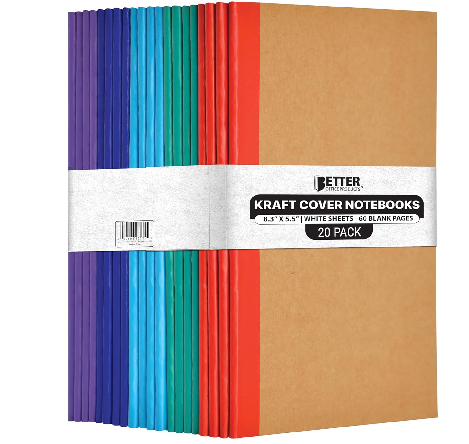Better Office Products Kraft Notebooks with Colored Spines, 20 Pack, 8.3 in x 5.5 in, A5 Size, 60 Unlined Blank White Pages, 80gsm, Assorted Vibrant Color Spines, Soft Cover Notebooks, Art Drawing