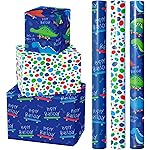 WRAPAHOLIC Dinosaur Wrapping Paper Roll - Mini Roll - 3 Rolls - 17 Inch X 120 Inch Per Roll - Happy Birthday Dinosaurs Design for Kids Birthday, Baby Shower