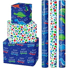 WRAPAHOLIC Dinosaur Wrapping Paper Roll - Mini Roll - 3 Rolls - 17 Inch X 120 Inch Per Roll - Happy Birthday Dinosaurs Design for Kids Birthday, Baby Shower