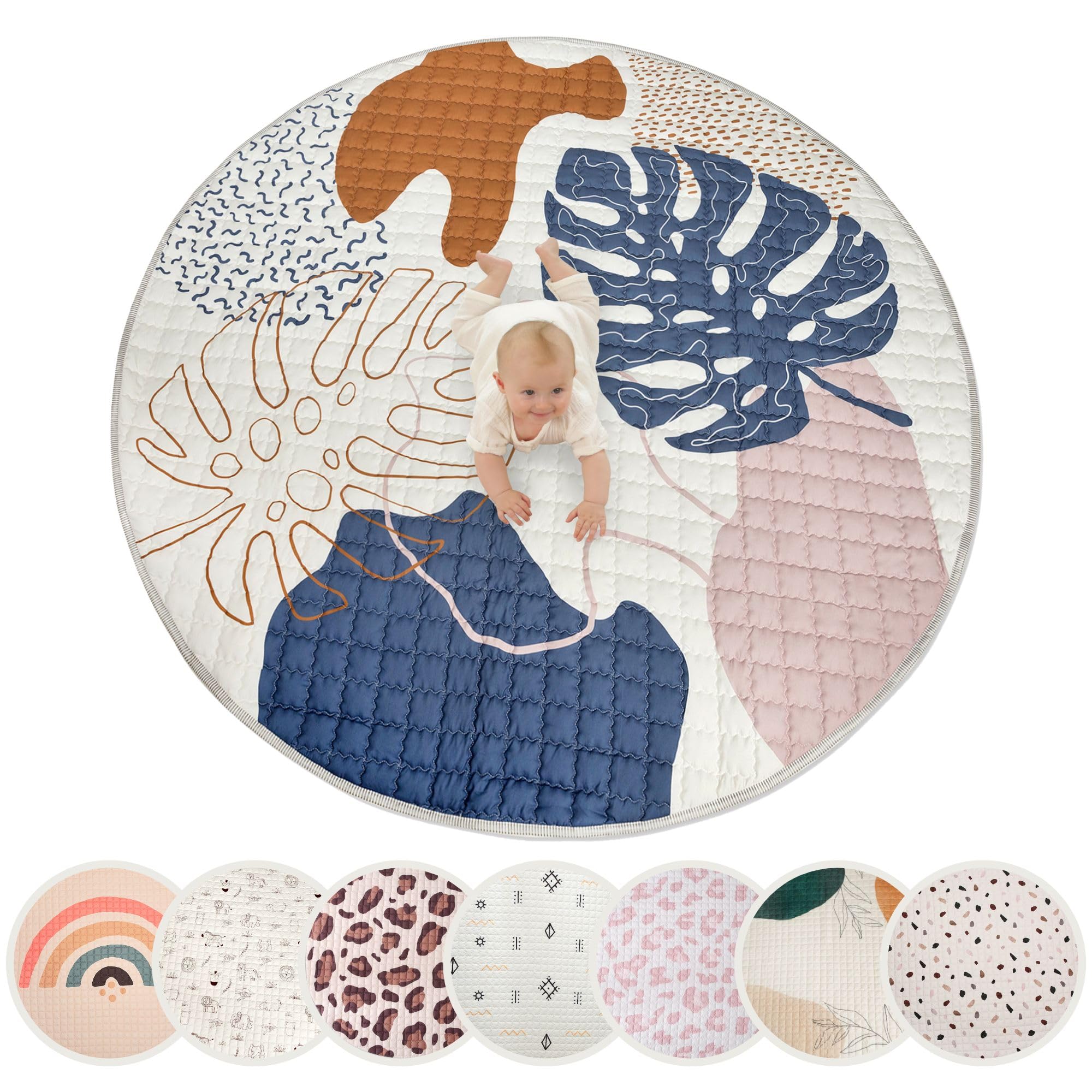 Gesteppte Krabbeldecke Baby 150cm, Boho Blätter– extra dicke 1,5cm weiche Baby Krabbelmatte – Baby Spielmatte mit rutschfester Unterseite zum Krabbeln, Laufgitter – maschinenwaschbare Baby Spieldecke