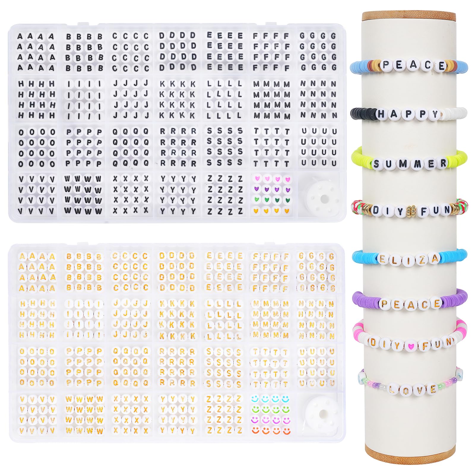 joymico 1620 Pcs Letter Beads, Round Black & Gold Alphabet Beads Friendship Bracelet Making Kit with Elastic String, Bracelets Jewelry Making Gifts for Girls