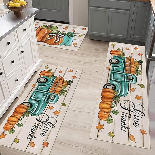 Miniatura 7 de Pauwer Juego de 3 alfombras de cocina de otoño, tapetes de piso de camión de calabaza, antideslizantes, lavables, alfombras de camino de cocina para