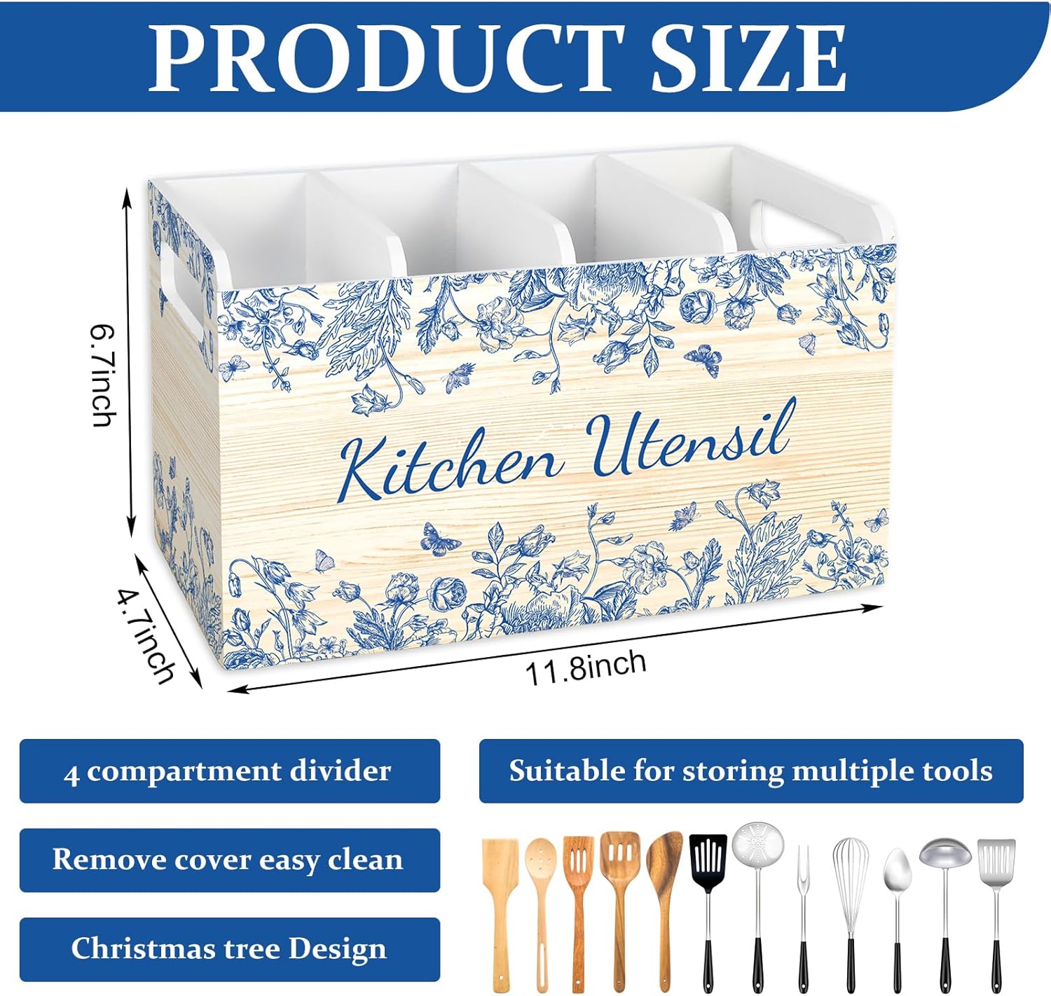 JarThenaAMCS Blue Floral Wooden Utensil Holder 4 Compartment Chinoiserie Flower Butterfly Large Cooking Utensil Organizer for Home Kitchen Countertop Storage Container