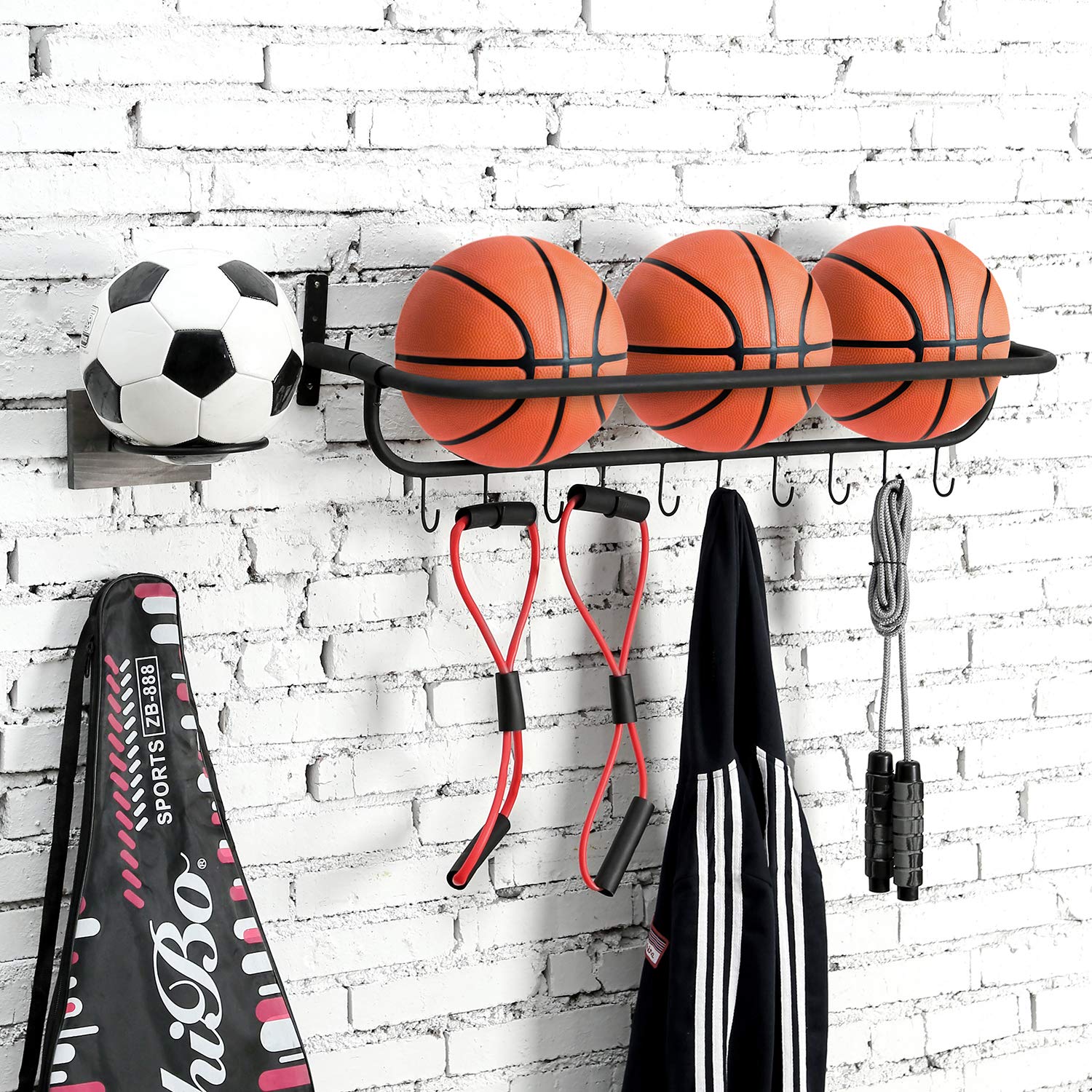 MyGift Black Metal Wall Mounted Basket Ball Holder and Sports Equipment