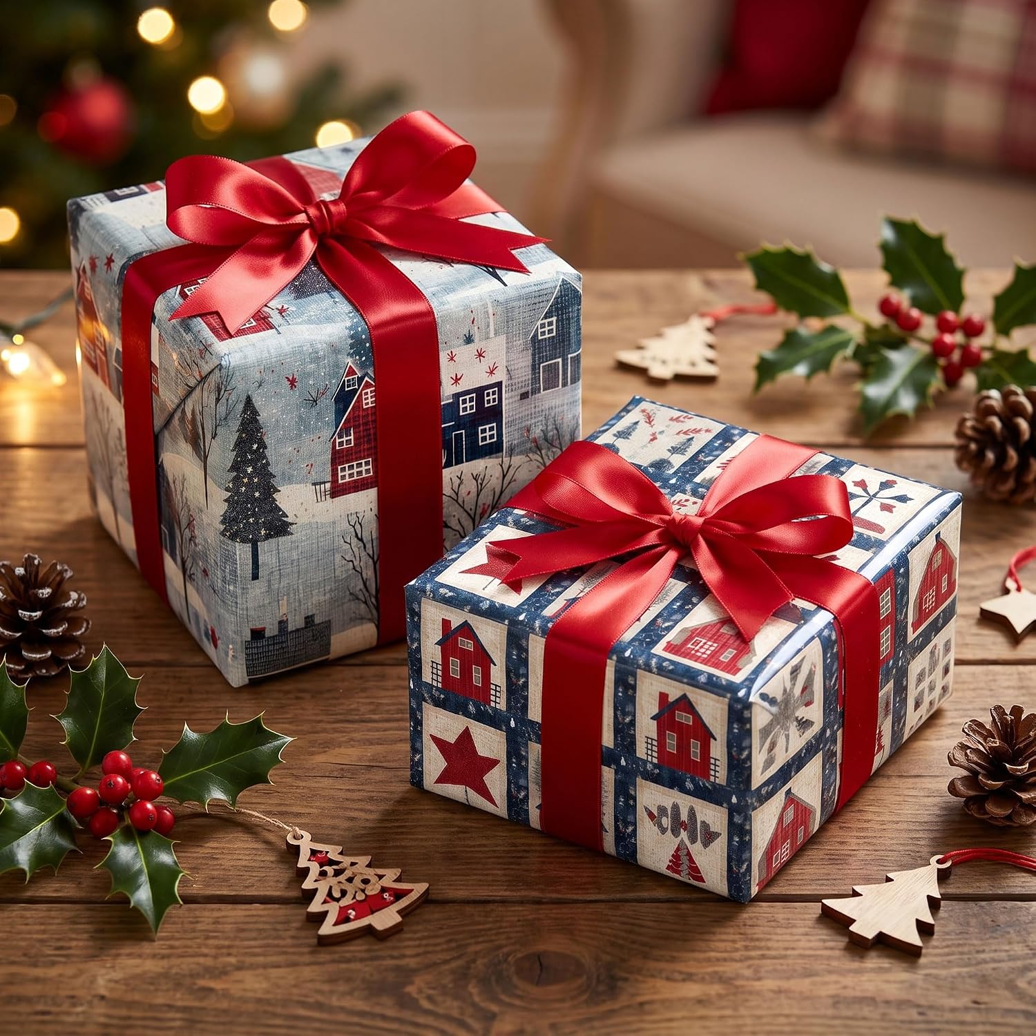 GIOLAINY Rustic Country Christmas Wrapping Paper Bundle - Holiday Gift Wrap with Vintage Cottage, Old-Fashioned Christmas Tree, Winter Farmhouse Design - 4 Sheets (28 x 40 inches), Easy to Store image 4