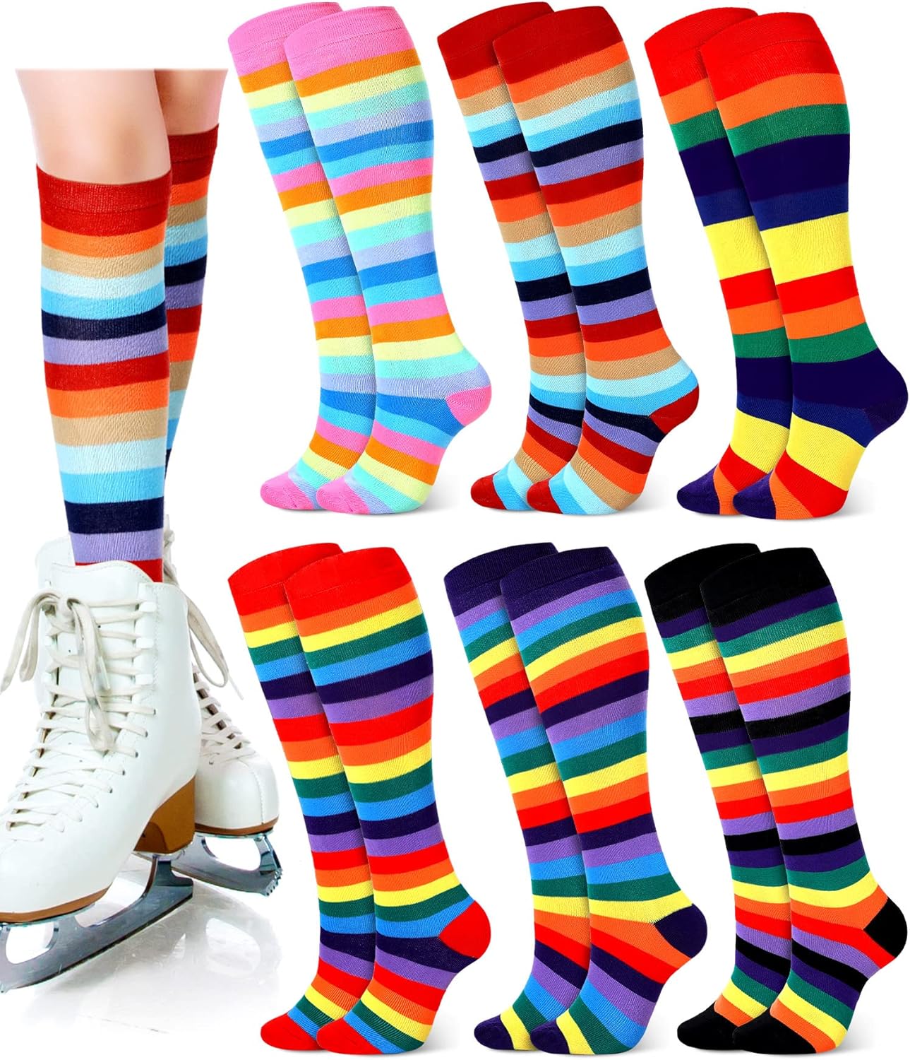 Unittype 6 Pair Rainbow Knee High Socks Women Colorful Striped Novelty Stockings Sports Long Tube Down Syndrome Socks