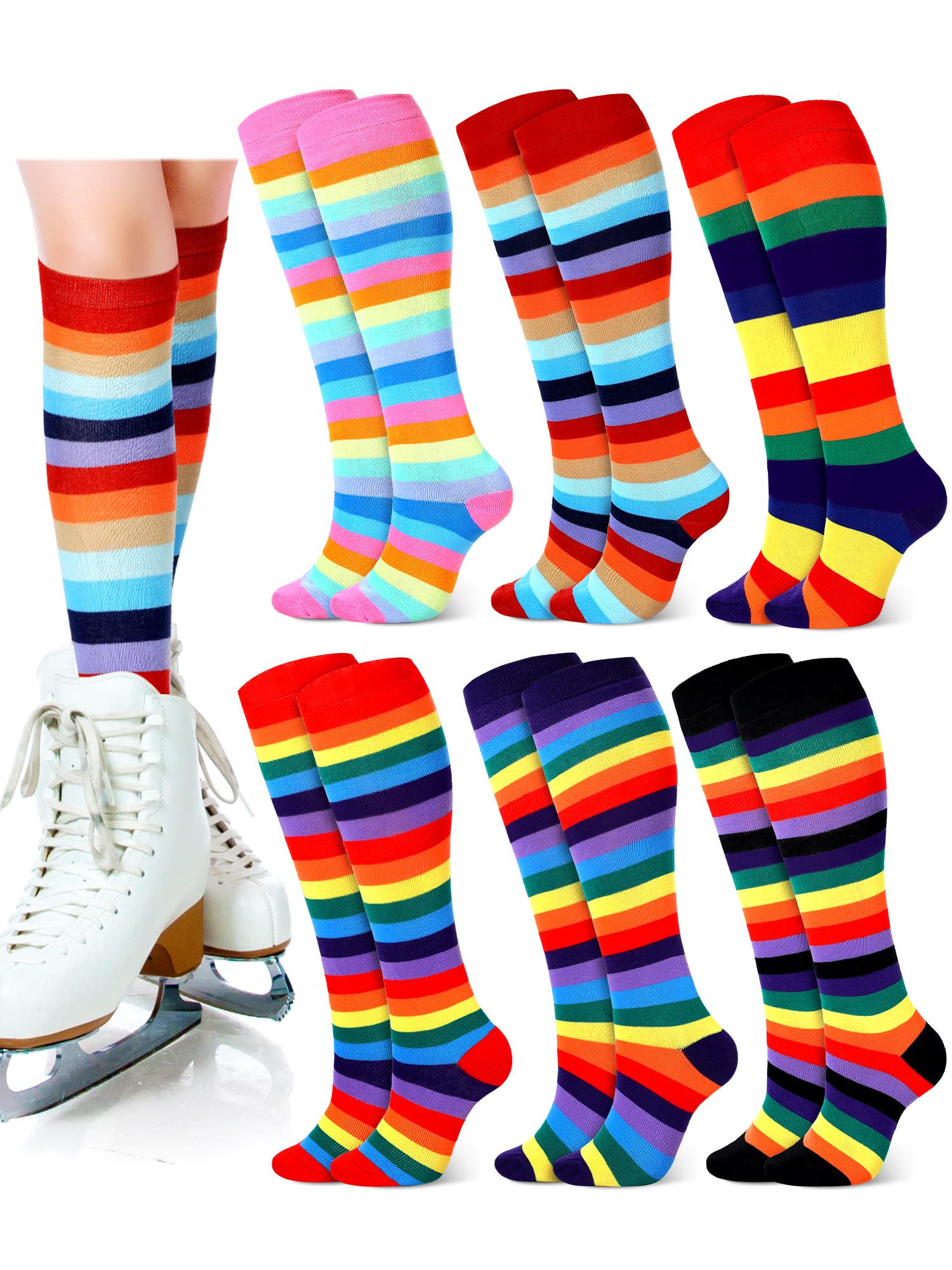 Unittype 6 Pair Rainbow Knee High Soccer Socks Women Men Colorful Stripe Thigh High Stockings