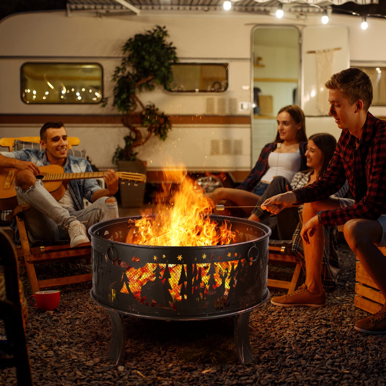 TLSUNNY Feuerschale Garten, Feuerkorb mit Funkenschutz, Feuerstelle Retro-Look, inkl,Poker & Kohlerost & 4 PCS Füße, Heizung im Winter, Stabil, Exquisites Elchmuster Ø71x65cm,für Garten,Camping,Strand | Inkl,Poker & Kohlerost & 4 PCS Füße, Heizung im Wint