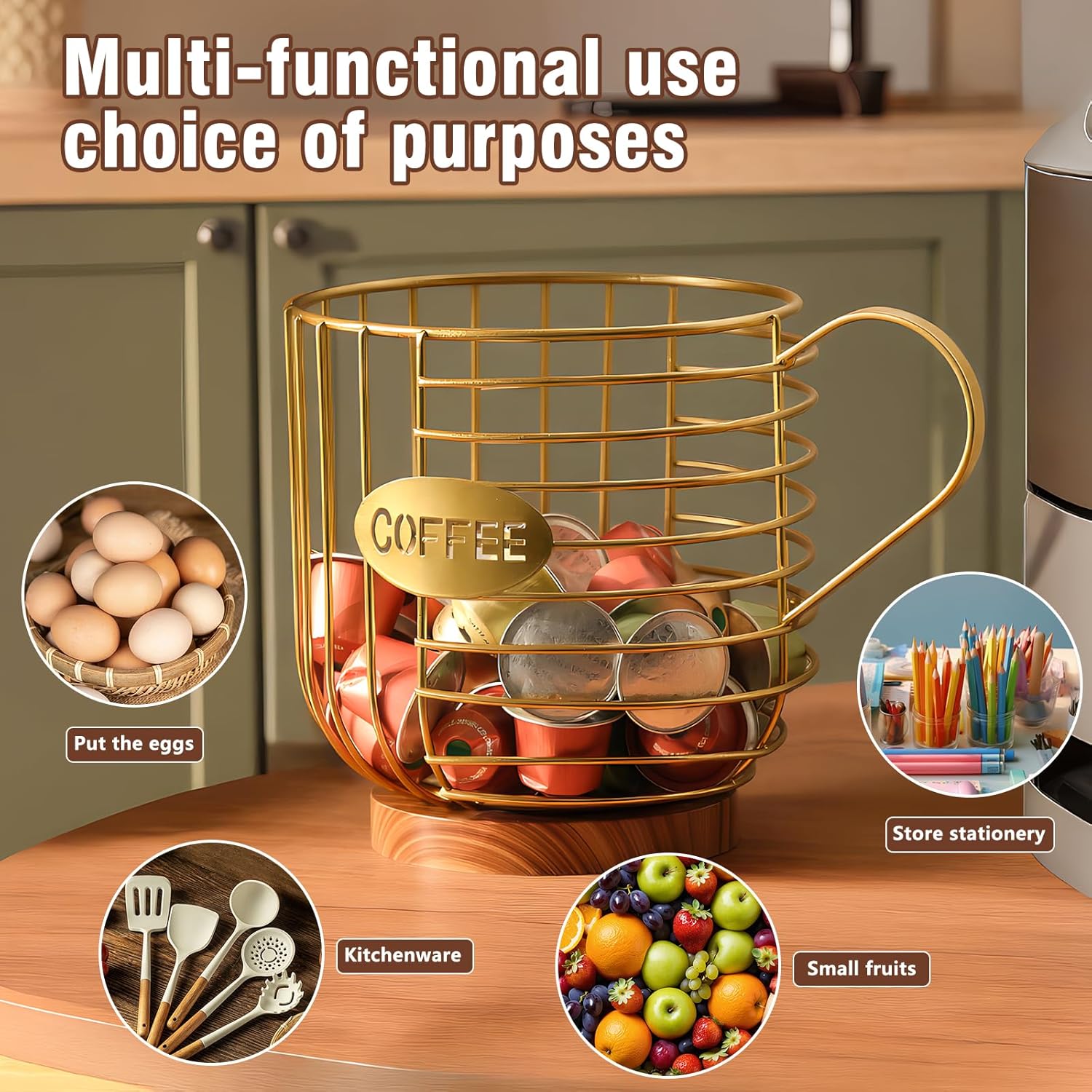 Coffee Pod Holder, 45+ Large Capacity Wire K Cup Storage Organizer with Solid Wood Base, Anti-Slip Coffee Capsule Holder for Kitchen Bar Counter, Compatible with K-Cups/Nespresso Espresso Capsules