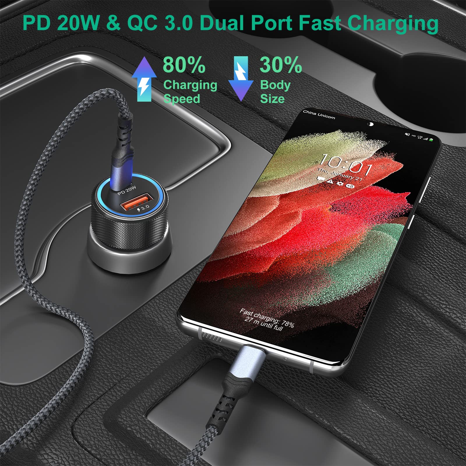 Cargador de coche USB C, Bangfun [paquete de 5] Adaptador de cargador de coche USB rápido de 36W PD (negro)