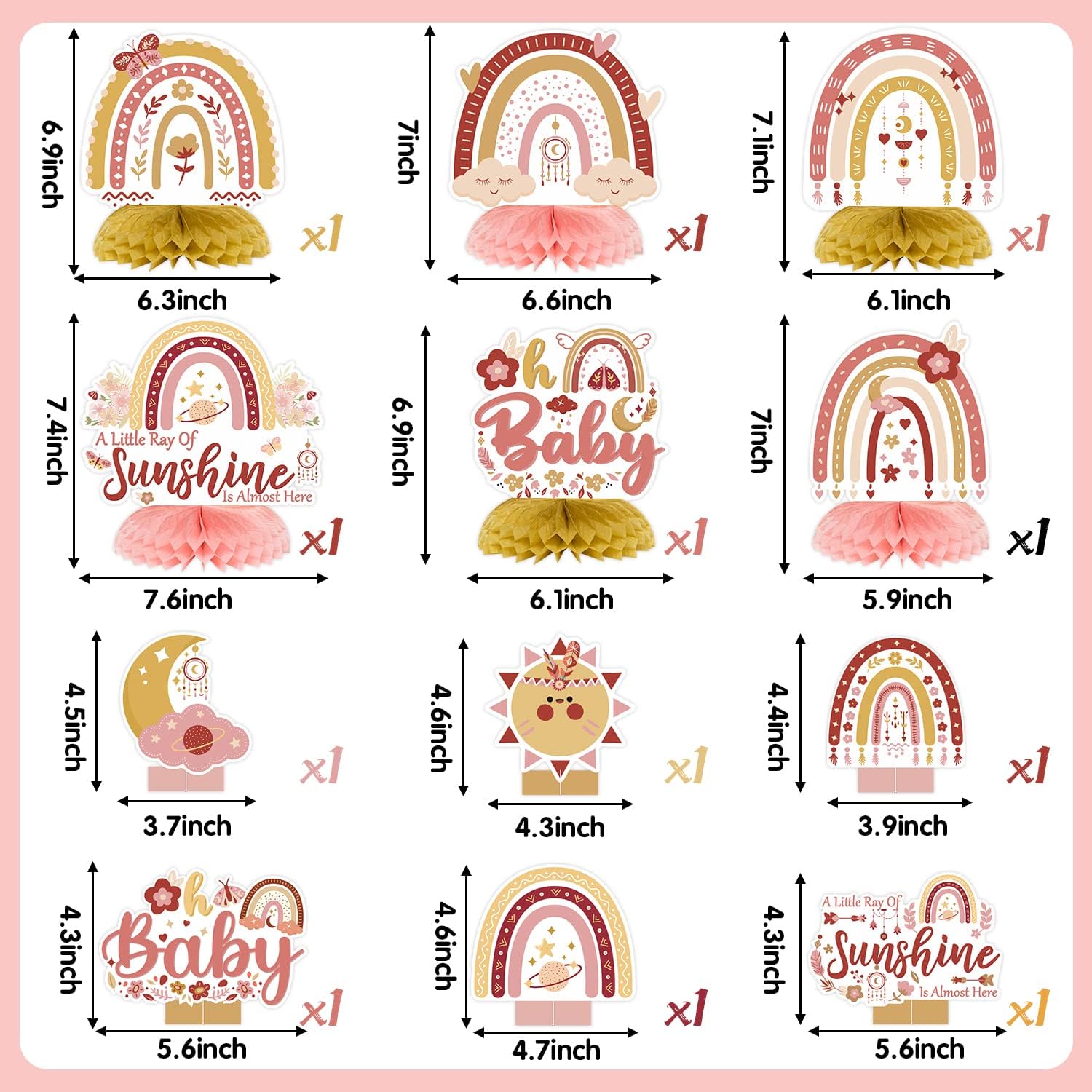 12Pcs Boho Rainbow Baby Shower Party Centerpieces Bohemian Honeycombs A Little Ray of Sunshine Table Decoration Summer Room Decor Supplies Photo Booth Props for Home Birthday Party