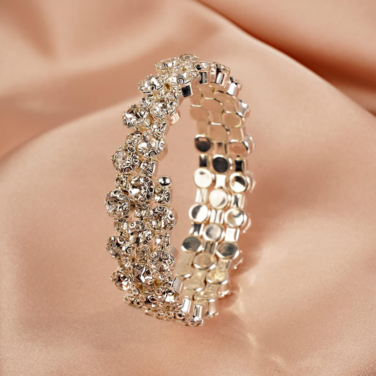 YERTTER Dainty Wedding Layered Strech Open Bangle Bracelet Fake Pearl Rhinestone Cuff Warp Bracelet Women Brides Hand Bracelet - Image 4