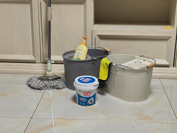 Galvanized Metal Mop Bucket 13L litres Large Industrial Galvanised Reinforced Heavy Duty Thick Metal Mop Bucket for Home Office General Cleaning (Grey)