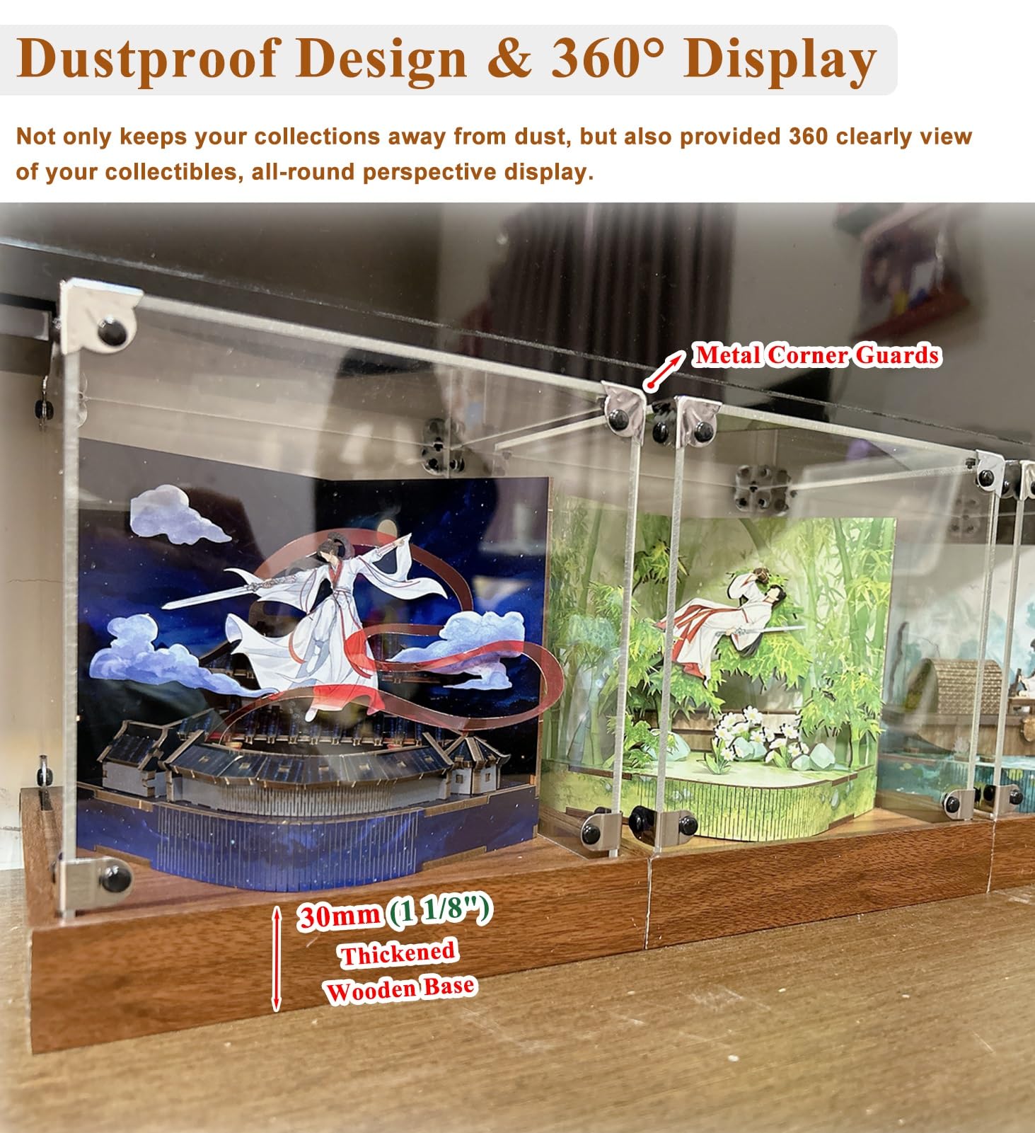 Vitrina Expositora Vitrina de Acrílico con Esquinas Metálicas y Base de Madera, Caja Expositora Transparente Antipolvo para Coleccionables, Recuerdos(40x15x15cm/16x6x6in)