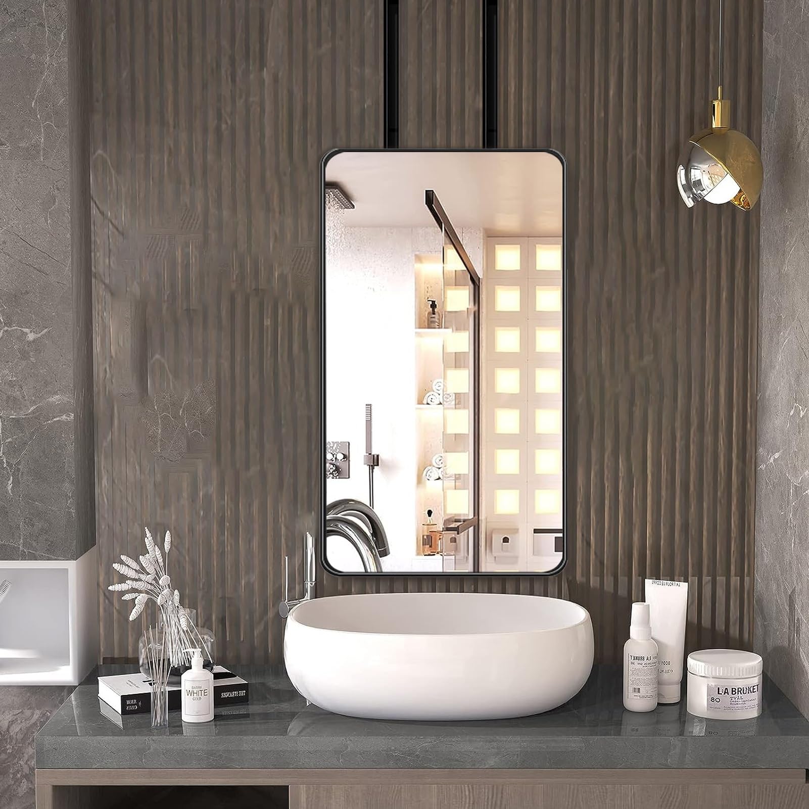 WJFTODAY Black Metal Rectangular Hanging Mirror for Bathroom & Vanity, Stylish Wall Decor with, 40cm x 60cm Makeup & Cosmetic Mirror, Ideal for Dressers & Home Decor