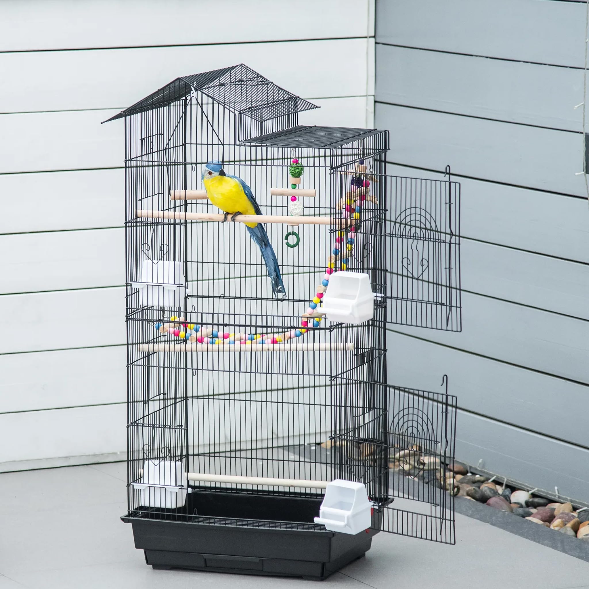SUBTELTY Metall Vogelkäfige Wellensittich Käfig mit Spielzeuge & Ausruhen Holzstab Nymphensittiche Vogelbauer 46x35.5x99cm Tragbare Vogelvoliere mit Futtertrog & Herausnehmbares Tablett für Ziervögel