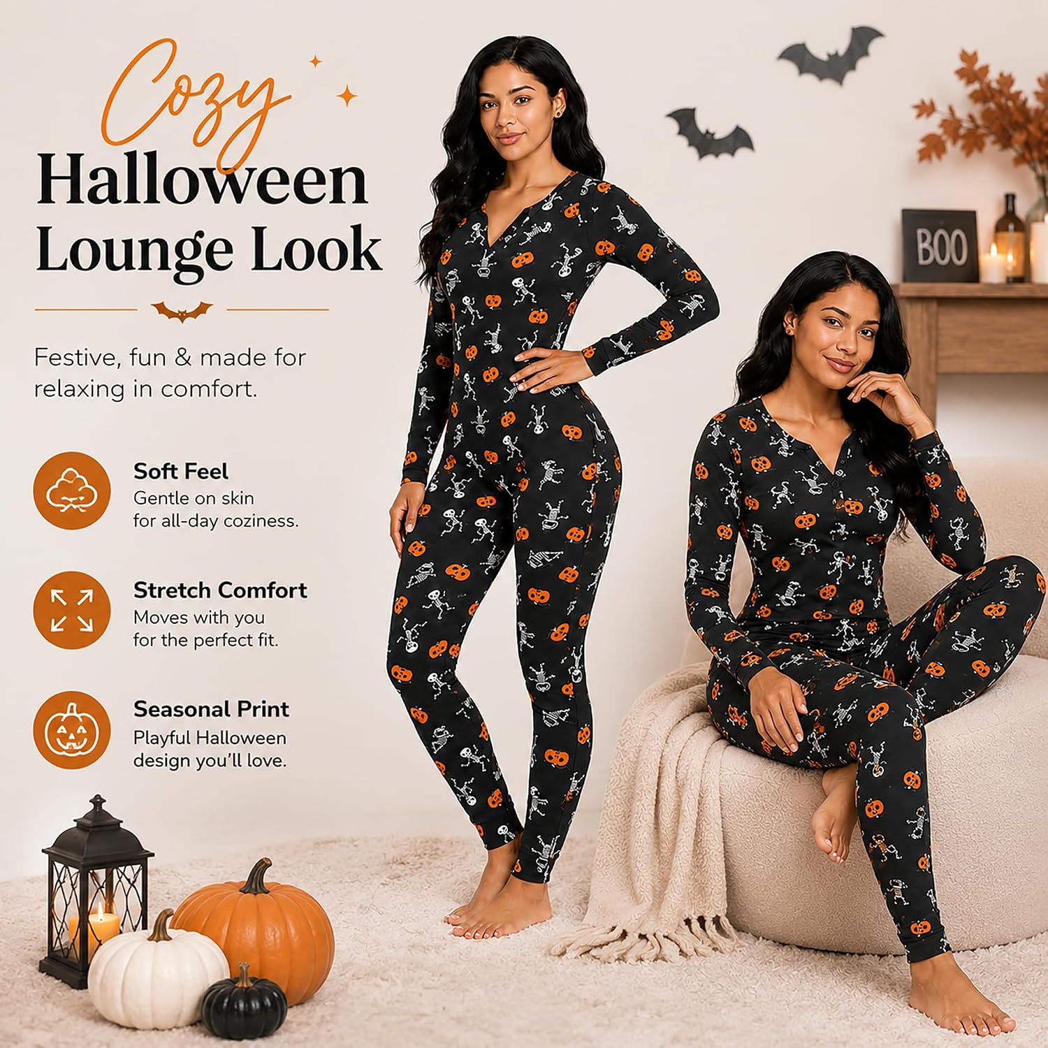 nezababycos Halloween Sexy Onesie Pajamas for Women, One Piece Long Sleeve Bodycon Romper Jumpsuit Pumpkin Sleepwear