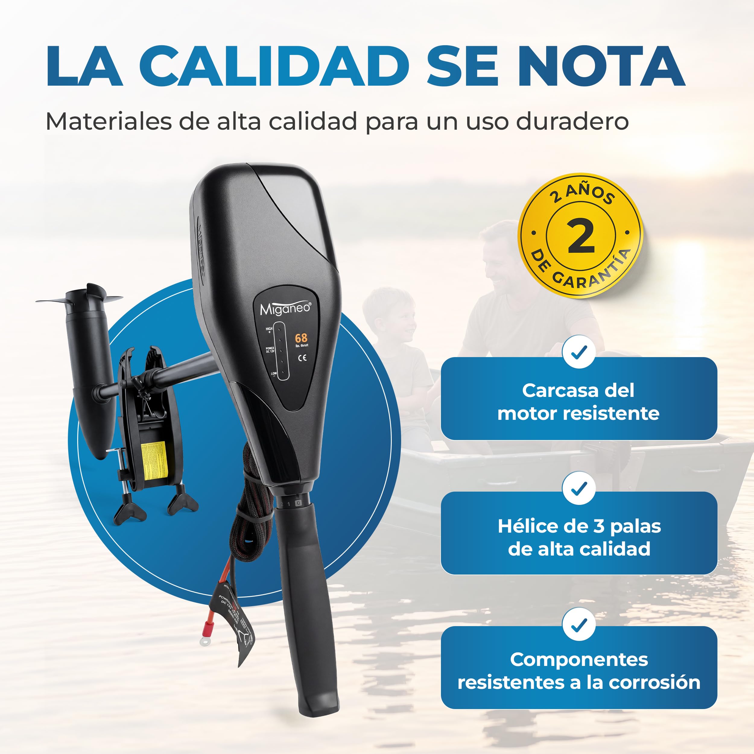 Miganeo® – Motor eléctrico TRS 68 lb (30 kg), 768 W con batería, LED de 12 V ,30,9 kp, apto para agua salada