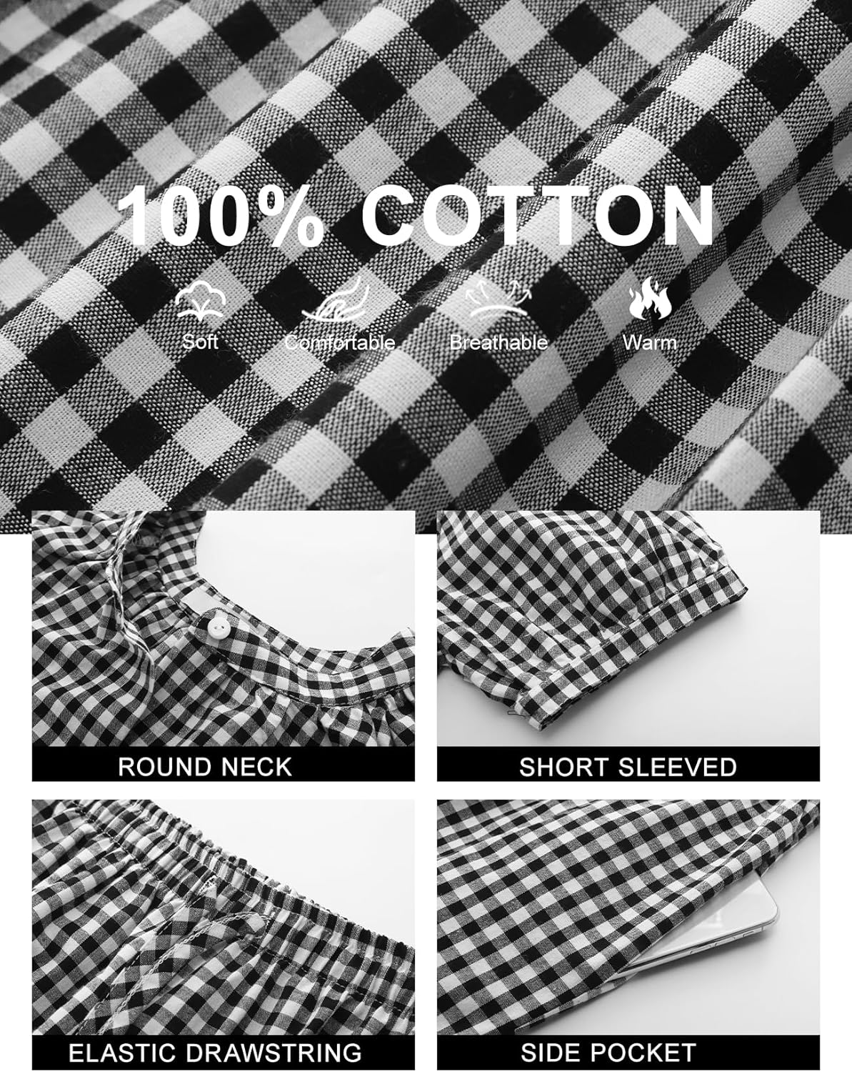 PEHMEA Womens Plaid 2 Piece Cotton Gingham Pajama Sets Short Sleeve Babydoll Shirt Ruffle Pants Y2K Lounge PJS Cute Sleepwear - Image 6