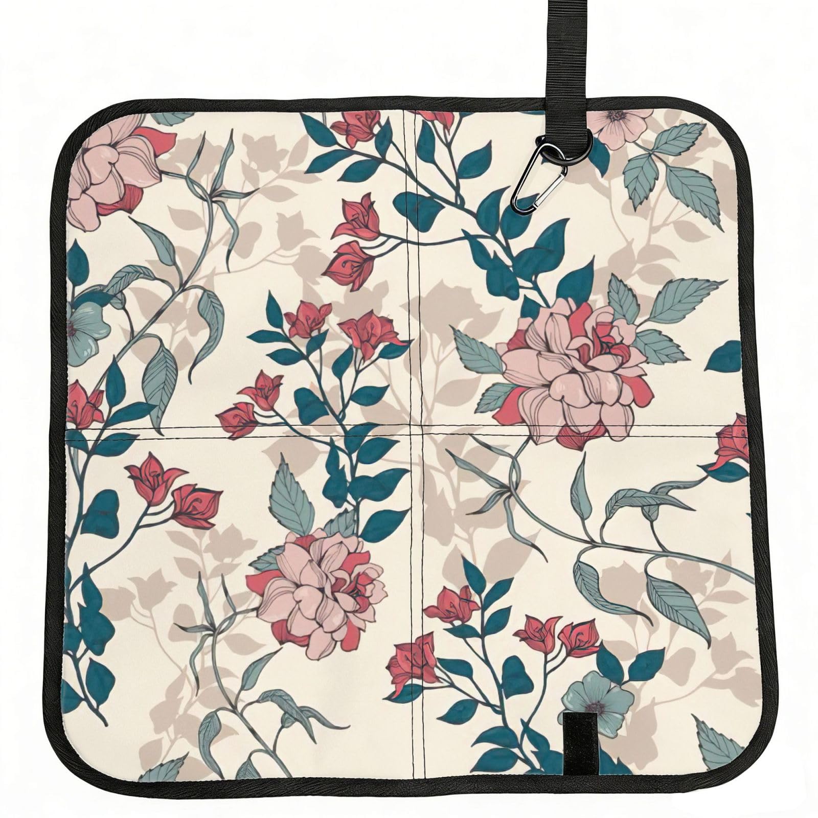 SDEGTHO Pink Flowers Leaves Printed Foldable Seat Pad with Closure, Lightweight Cushion for Airplane Travel Camping