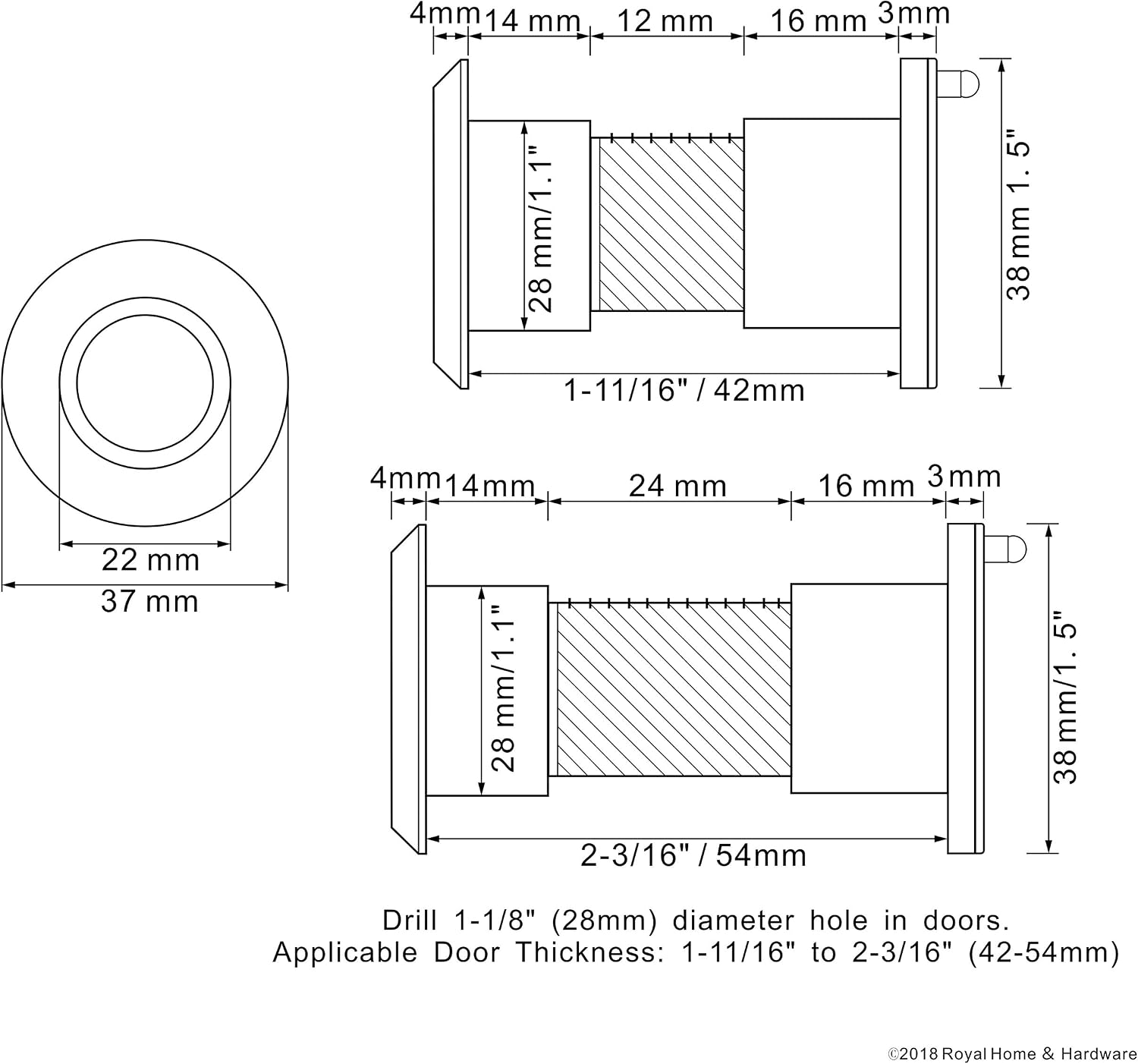 Royal H&H Large Door Viewer as Security Peek Peep Hole for Home Office 220 Degree Solid Brass Cover (Chrome)