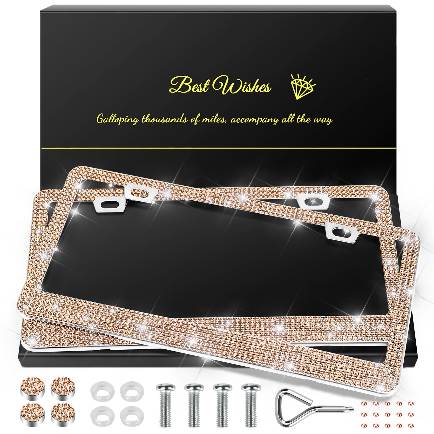 QUANQIUFEI 2 Pack Bling License Plate Frames for Women, Sparkly Rhinestone Diamond Car Accessories with Glitter Crystal Caps (Champagne)