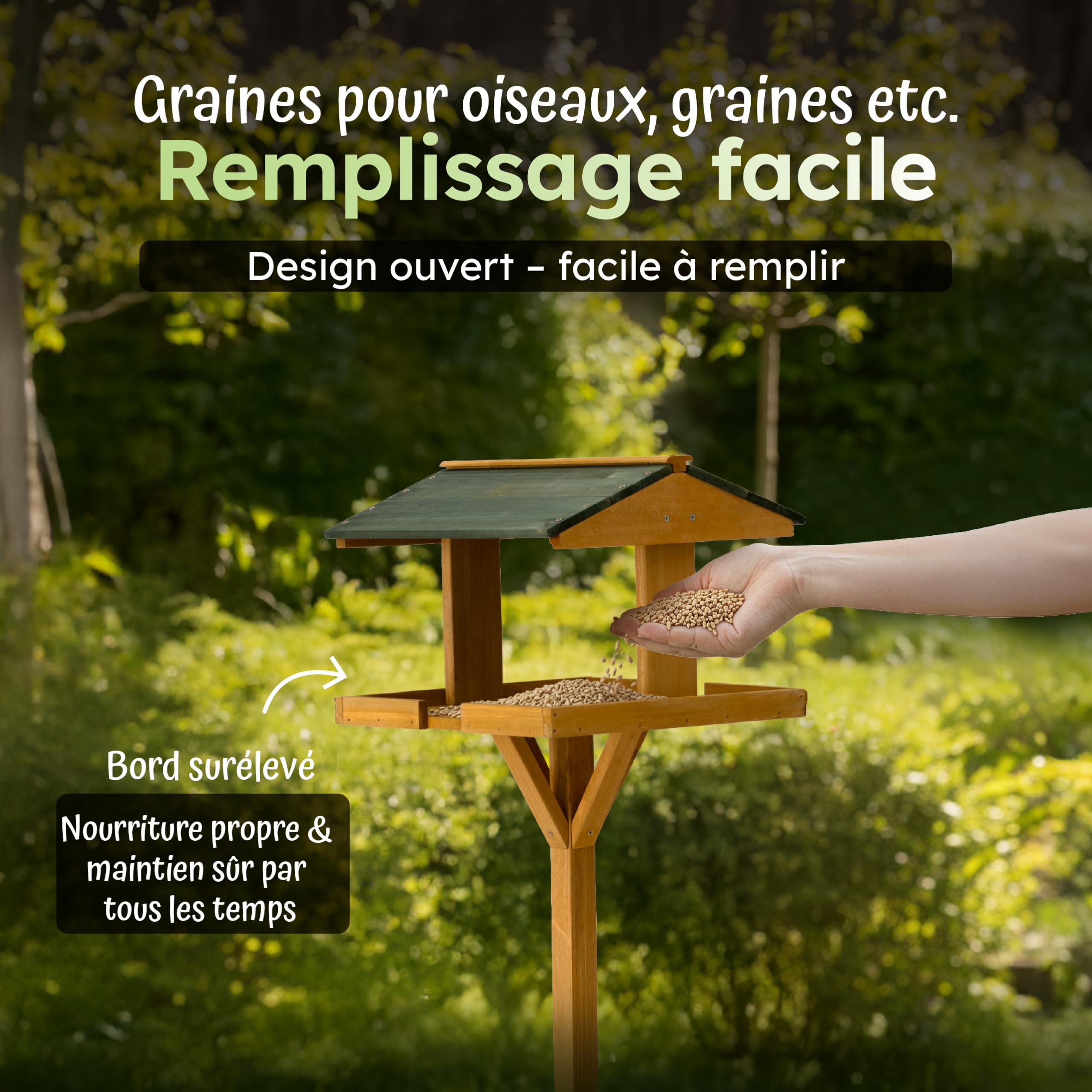 Moorland Nichoir Mangeoire Oiseaux Exterieur sur Pied 116 cm avec Toit – Grande Mangeoire Cabane Oiseaux en Bois de Sapin pour Jardin Balcon Terrasse – Résistant aux Intempéries Toute l'Année – VH5