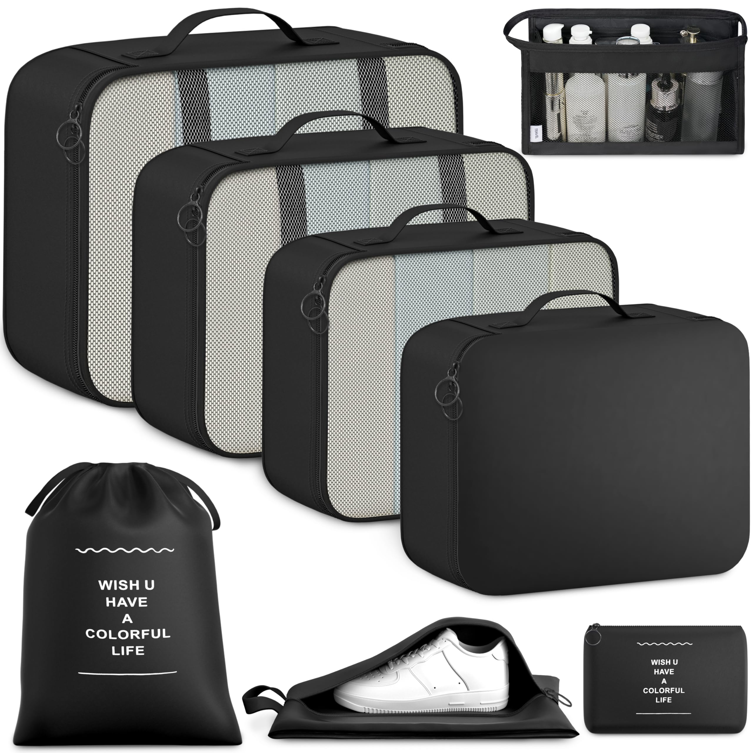 BAGAIL 8-teiliges Packwürfel-Set, Reiseorganizer mit atmungsaktivem Netz & Schuhbeutel, leichte Nylon Packorganizer für Koffer, 9 Farben - Schwarz