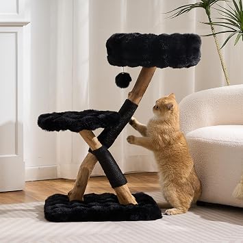797Audio Natural Real Wood Cat Tree, Modern Solid Wood Cat Tower for Indoor Cats, 33 Pear Wooden Branch Aesthetic Cat Tree with Scratching Post & Hanging Plush Ball for Adult Kittens-Black